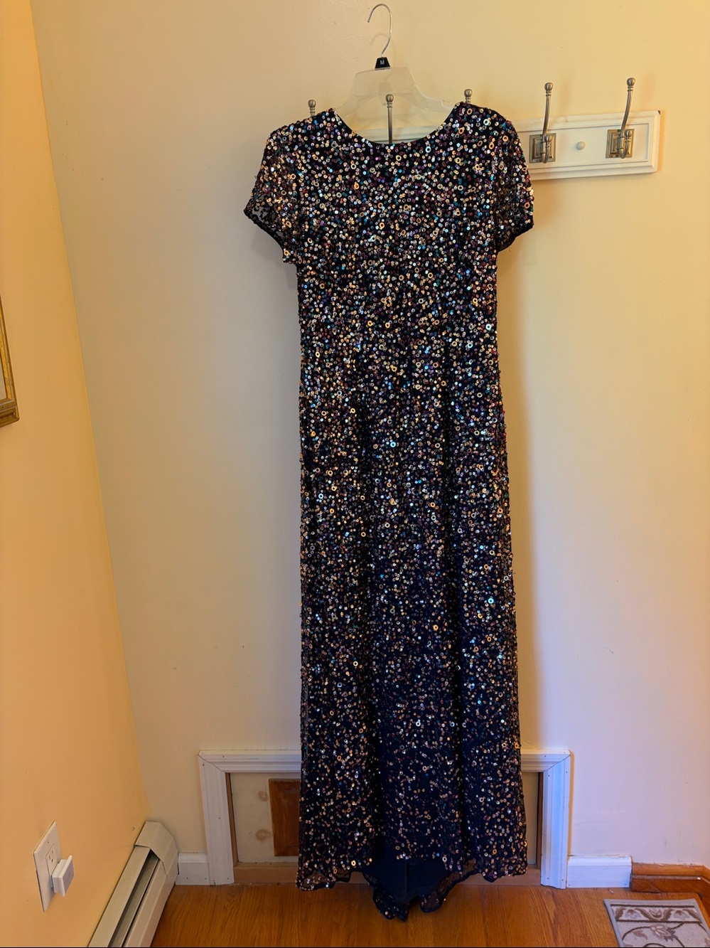 Adrianna Papell Black sheath with Rainbow Sequin Maxi Overlay